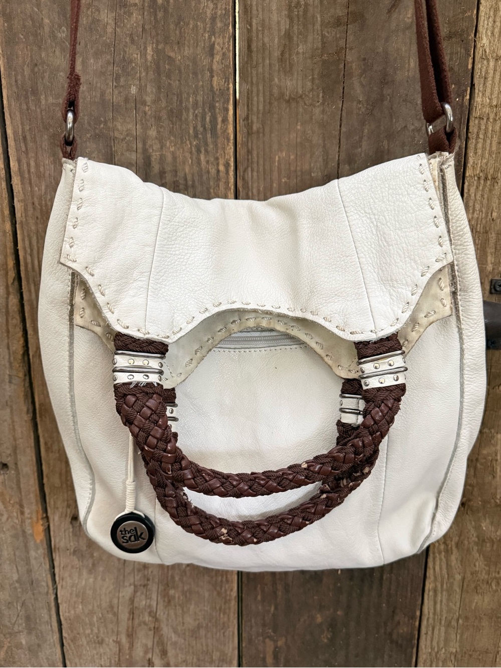 THE SAK Pebbled White & Brown Leather Slouch Bag Bucket Bag Purse